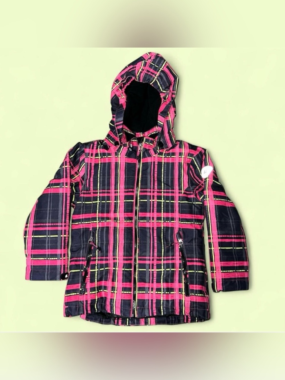 Girls' Hooded Plaid Puffer Jacket in Pink and Black